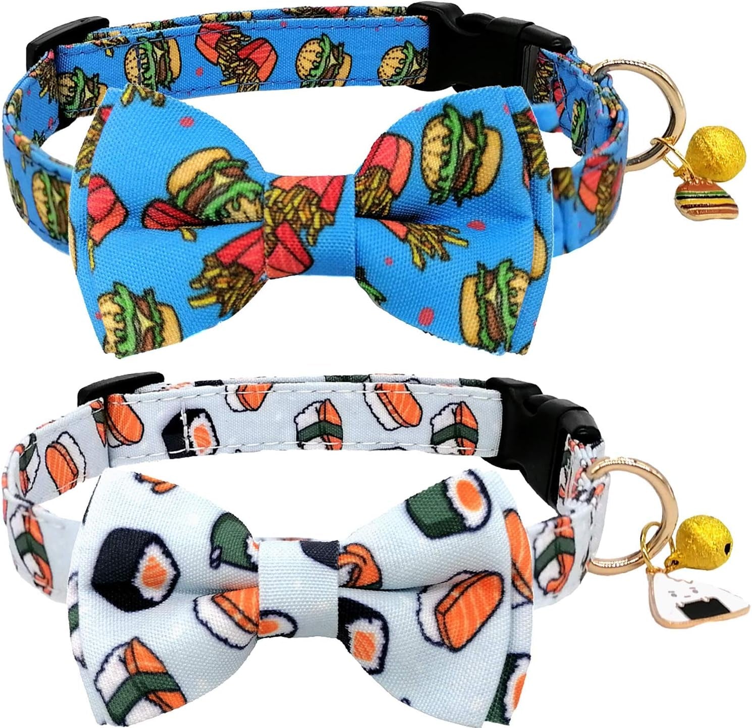 2 Pack Print Dog Collars with Bow Tie, Adjustable Dog Collar with Bells and Charm Safety Buckle Cute Pet Collars for Small/Medium/Large Dogs and Cats Boys Girls (Hamburger+Sushi, S(10"-14"))