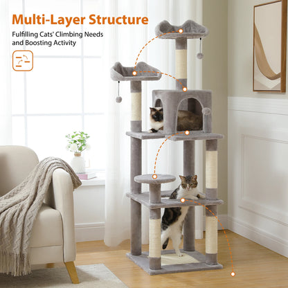 63'' Large Cat Tree Cat Tower with Scratching Pad and Cozy Condo for Indoor Cats, Gray