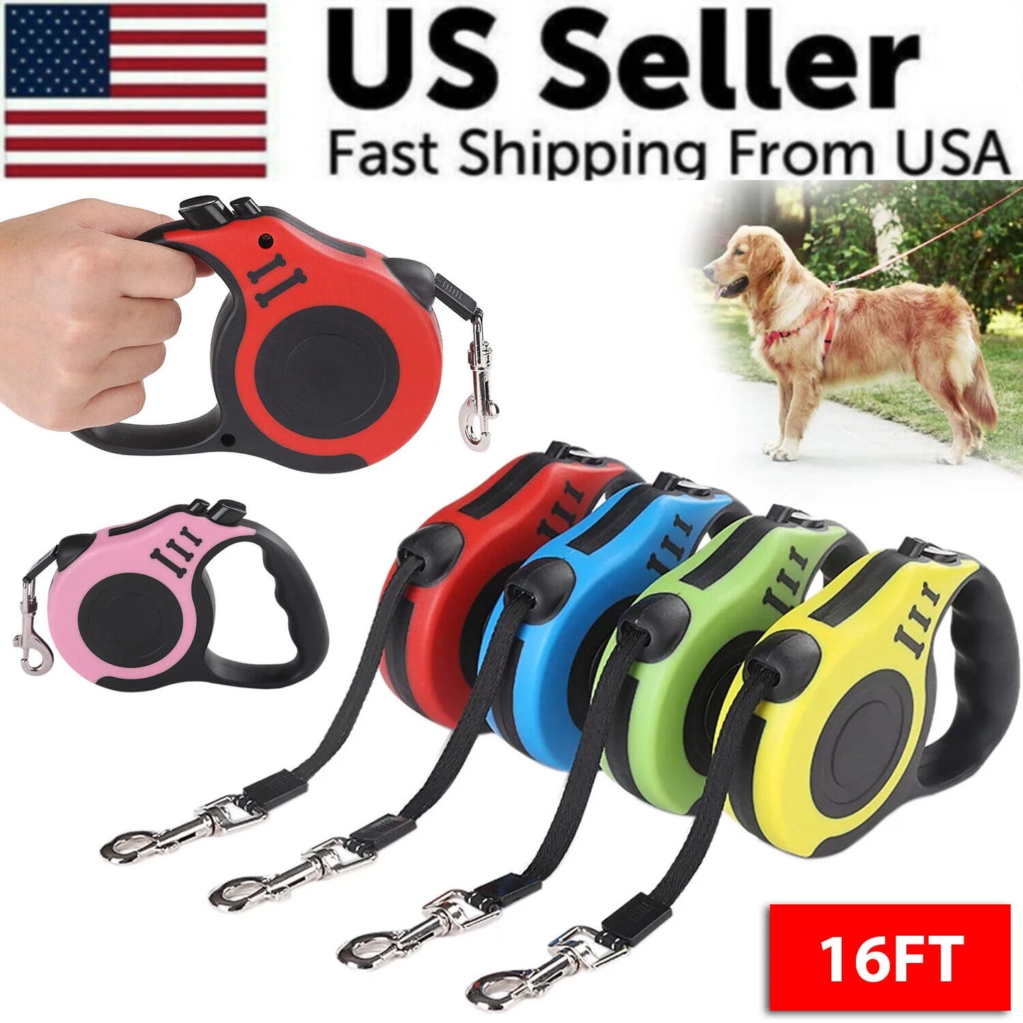 16.5FT Automatic Retractable Dog Leash Pet Collar Automatic Walking Lead