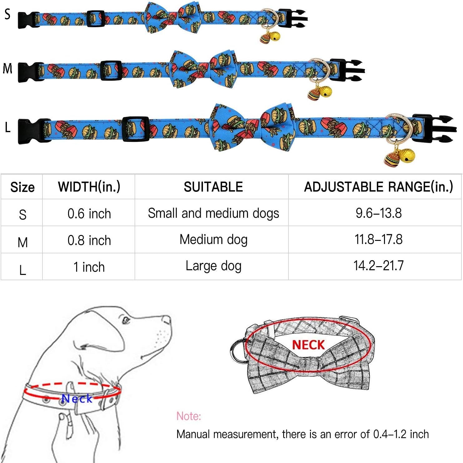 2 Pack Print Dog Collars with Bow Tie, Adjustable Dog Collar with Bells and Charm Safety Buckle Cute Pet Collars for Small/Medium/Large Dogs and Cats Boys Girls (Hamburger+Sushi, S(10"-14"))